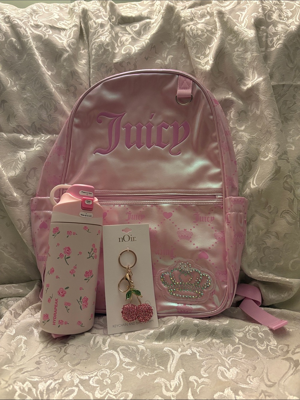 NWT Juicy Couture Pink Backpack Charm & Hydrapeak Water Bottle Bundle